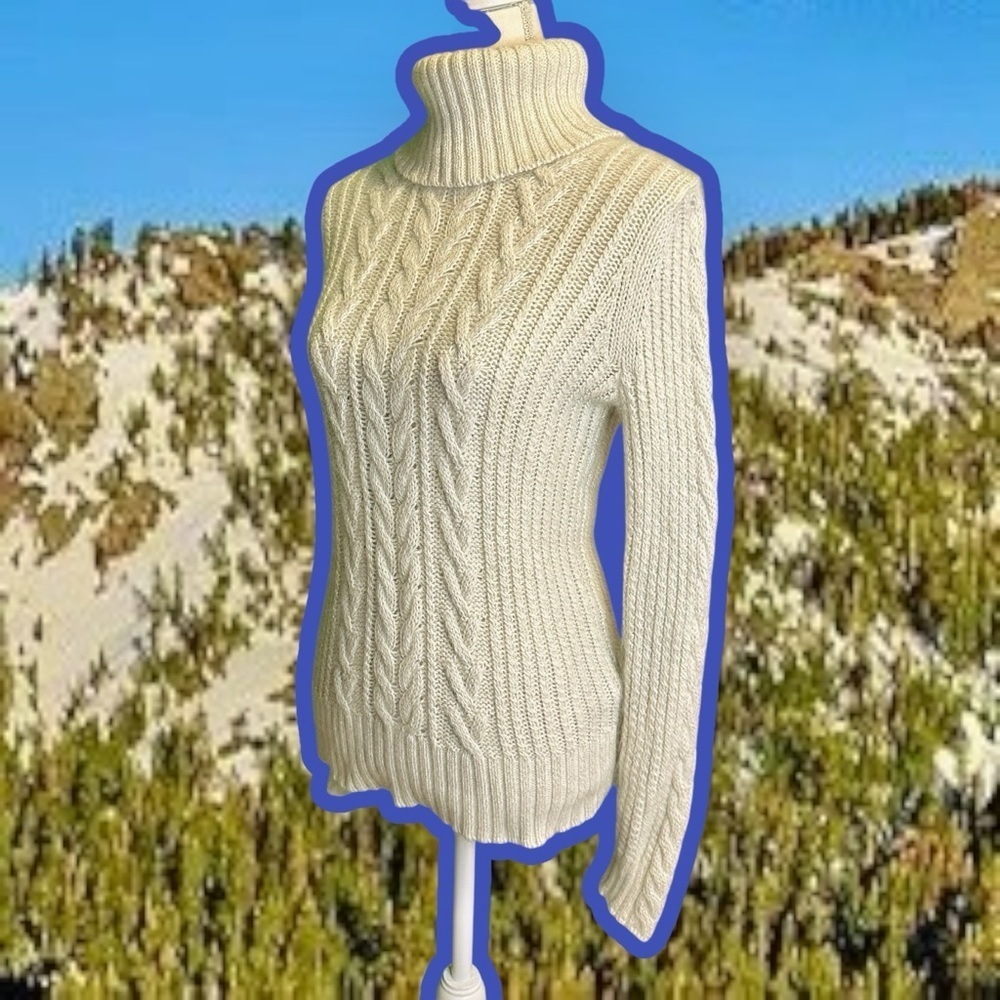 Eddie Bauer Vintage Cream & Silver Metallic Cable Knit Angora-Blend Sweater Sz S - Picture 5 of 12